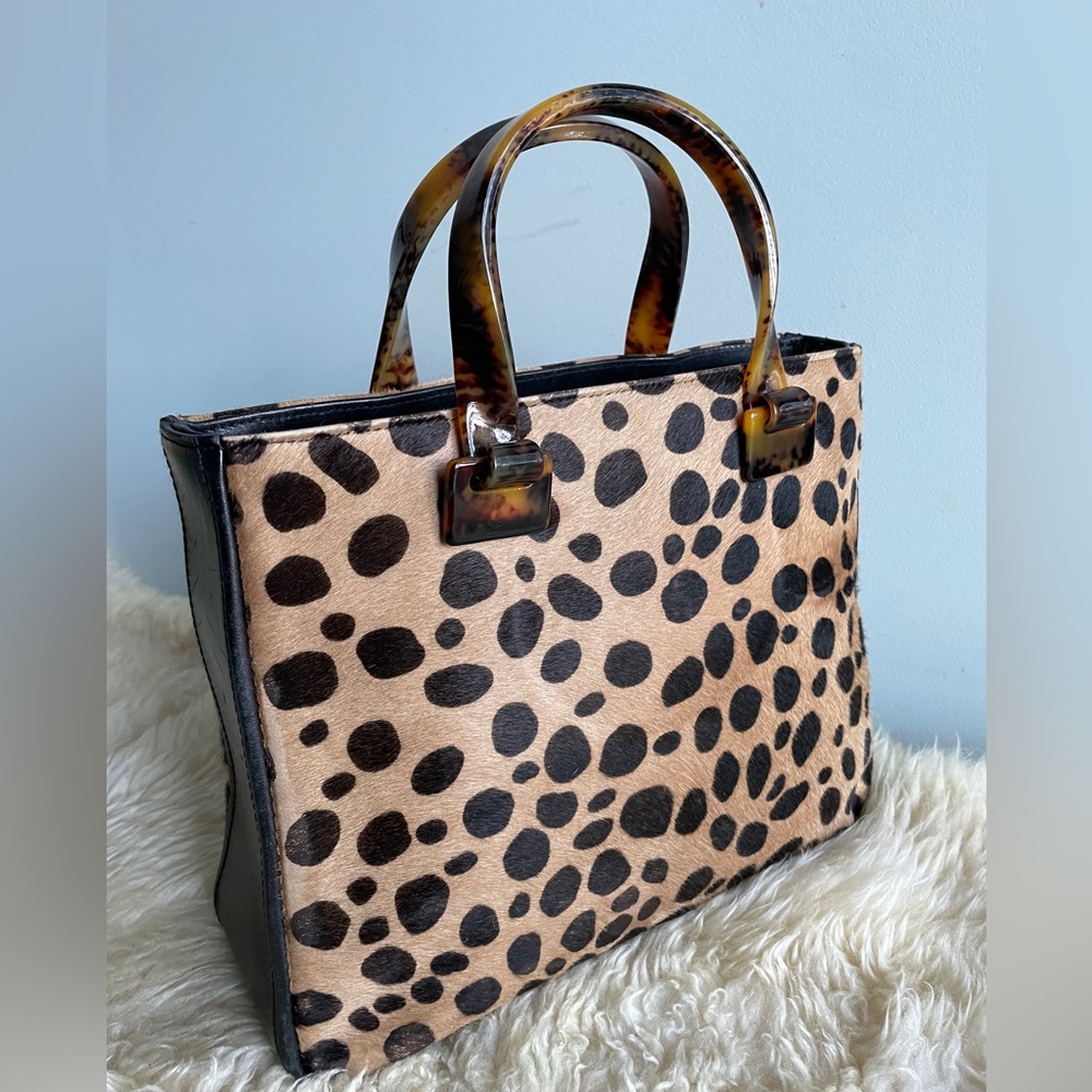 Georges REch suede leather purse, leopard print bag, tortoise shell handle,